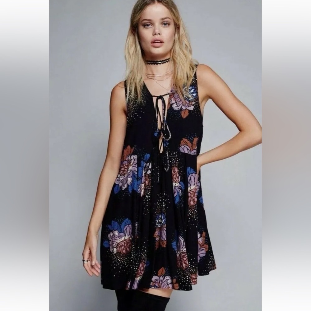 Free People Lovely Day Printed Tie Tunic Dress Black Combo Plunging - Picture 1 of 14